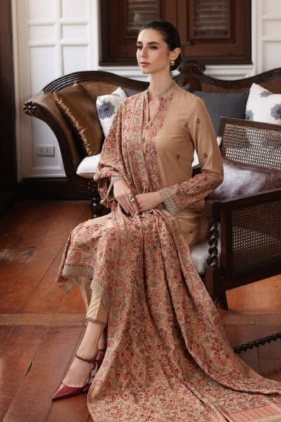 HR-BR685 3 Piece Embroided Dhanak Shirt With Embroided Dhanak Shawl