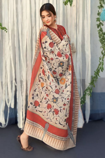 HR-BR845 3 Piece Embroidered Dhanak Shirt With Printed Wool Shawl