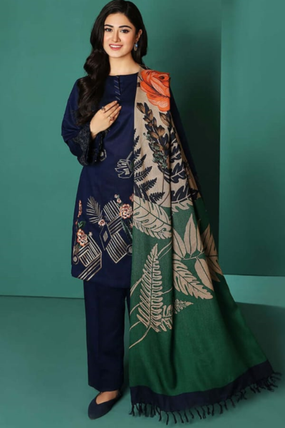 HR-NS195 3 Piece Embroidered Dhanak Shirt With Printed Wool Shawl