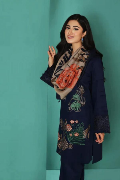 HR-NS195 3 Piece Embroidered Dhanak Shirt With Printed Wool Shawl
