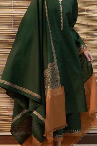 HR-BR1075 3 Piece Dhanak Shirt With Printed Wool Shawl