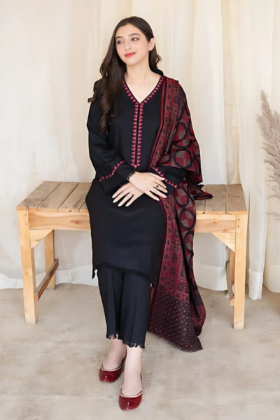 HR-MB 835 3 Piece Dhanak Shirt With Printed Wool Shawl