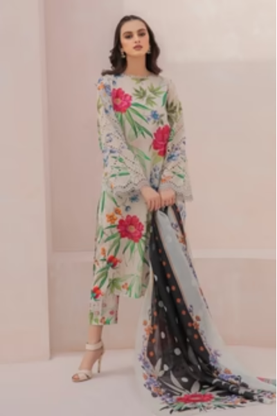 HR-33 Digital Printed Unstitched Lawn Suit With Digital Printed Monar Dupatta