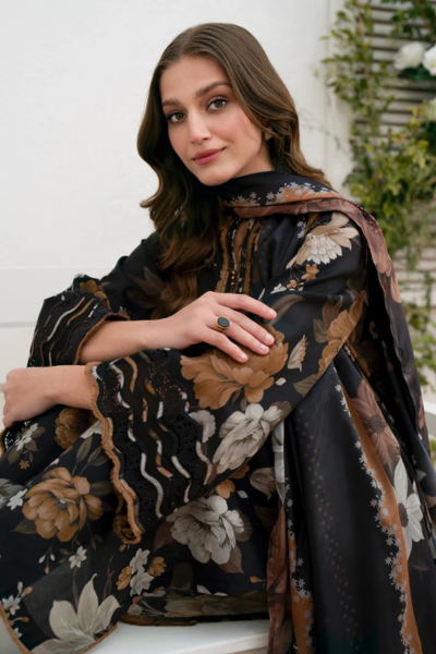 HR-412 Digital Printed Khaddar Suit 3pc with Khaddar Digital Printed Dupatta & Embroidered Patches