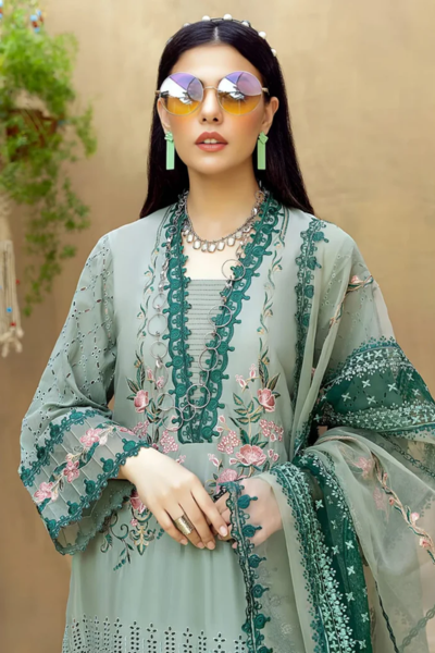 HR-LM16 Lawn Unstitched Embroidered 3pc Suit With Organza Embroidered Dupatta