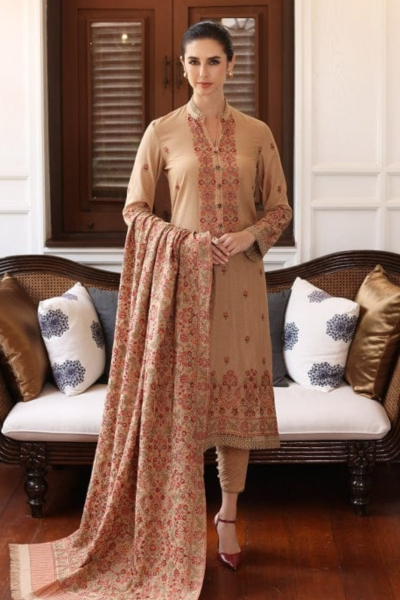 HR-BR685 3 Piece Embroided Dhanak Shirt With Embroided Dhanak Shawl