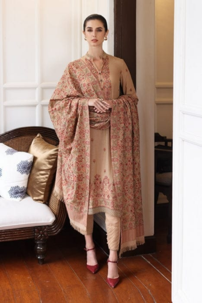 HR-BR685 3 Piece Embroided Dhanak Shirt With Embroided Dhanak Shawl