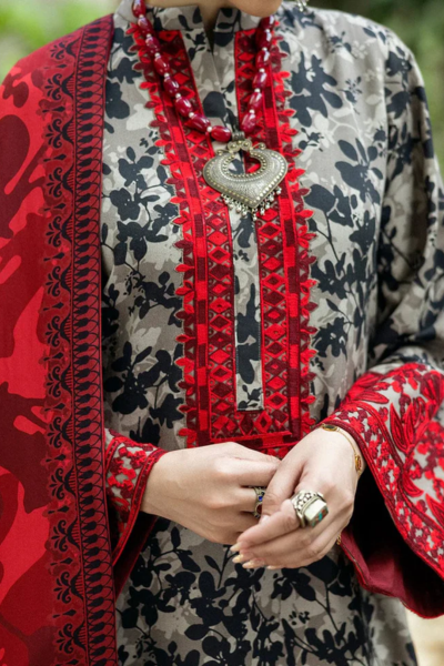 HR-MB437 Digital Printed Lawn Suit 3pc With Lawn Digital Printed Dupatta & Embroidered Patches
