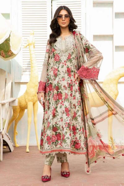 HR-MB425 3 Pcs Digital Printed Lawn Shirt Trouser and Dupatta with Embroidered Patches