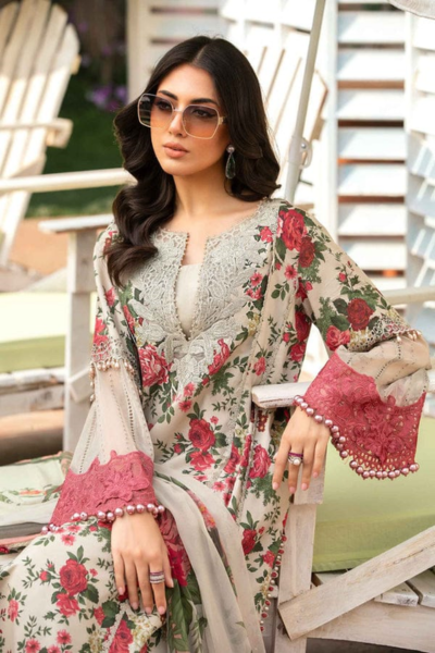 HR-MB425 3 Pcs Digital Printed Lawn Shirt Trouser and Dupatta with Embroidered Patches