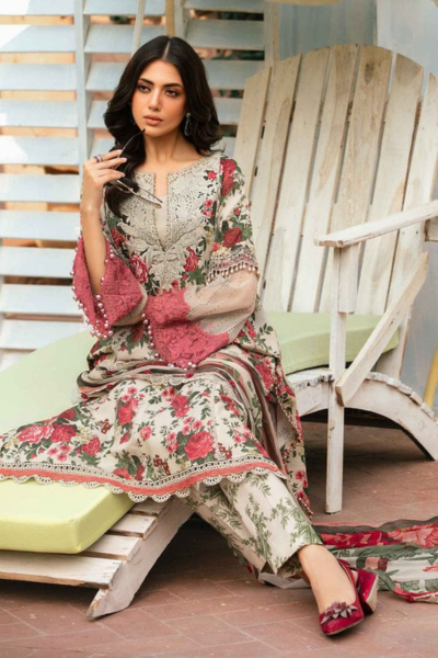 HR-MB425 3 Pcs Digital Printed Lawn Shirt Trouser and Dupatta with Embroidered Patches