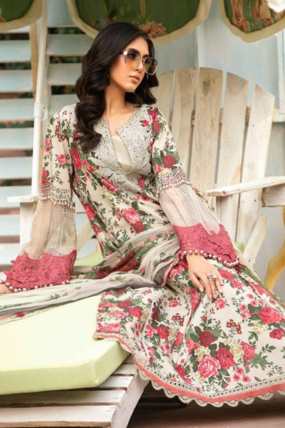 HR-MB425 3 Pcs Digital Printed Lawn Shirt Trouser and Dupatta with Embroidered Patches