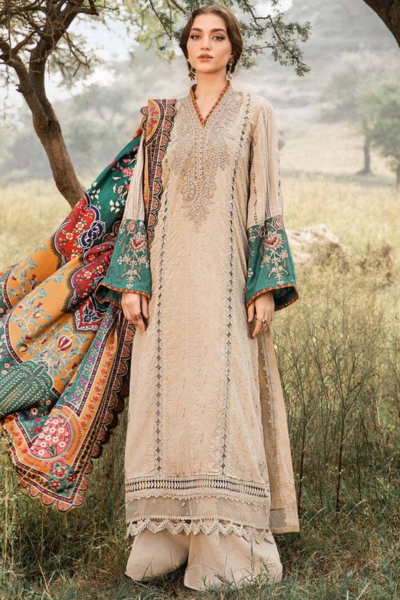 HR-MB2580 3Pc Embroidered Lawn Shirt With Printed Polly Lawn Dupatta