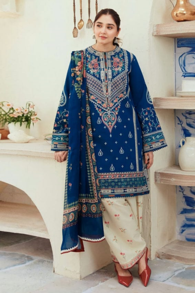 HR-ZS 50L 3 Piece Embroidered Lawn Shirt And Trouser With Printed Poly Lawn Dupatta