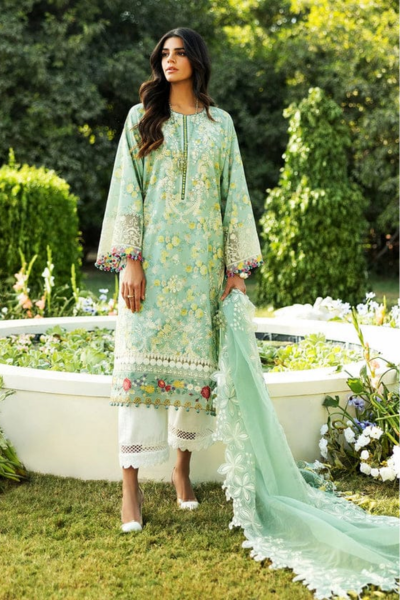 HR-SP482 3Pc Printed And Embroidered Lawn Shirt With Embroidered Organza Dupatta