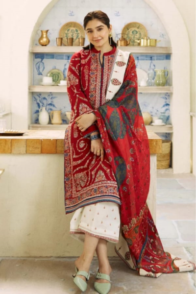 HR-ZS2550 3 Piece Embroidered Lawn Shirt And Trouser With Printed Dupatta