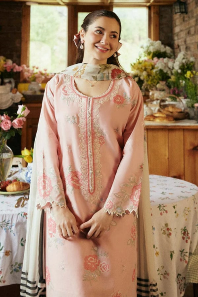 HR-ZS 2620 3Pcs Embroidered Lawn Shirt With Printed Poly Lawn Dupatta