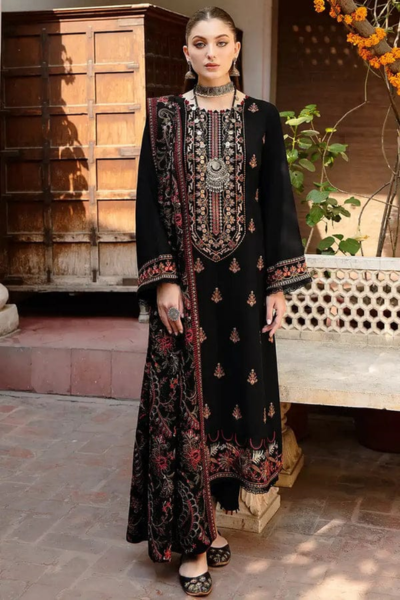 HR-RM650 3 Piece Embroidered Dhanak Shirt With Embroided Dhanak Shawl