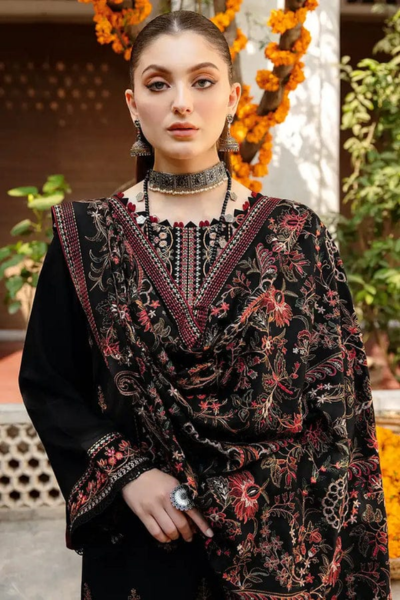 HR-RM650 3 Piece Embroidered Dhanak Shirt With Embroided Dhanak Shawl