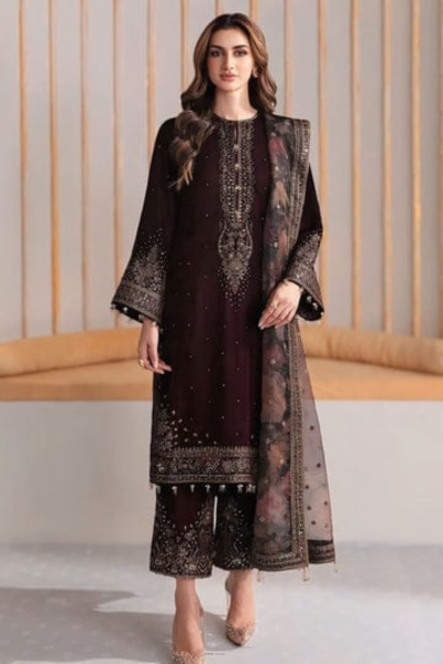 HR-BQ1015 3 Piece Embroidered Velvet Shirt And Trouser With Printed Organza Dupatta