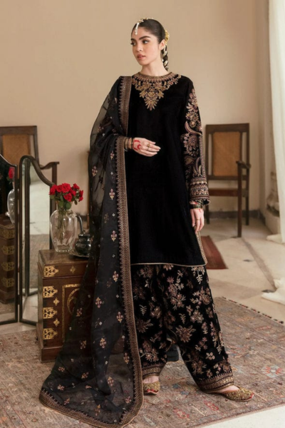 HR-BR804 3 Piece Velvet Embroidered Shirt And Trouser With Embroidered Organza Dupatta