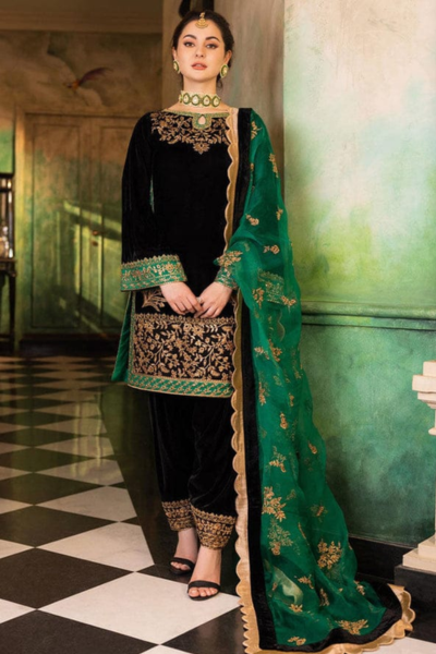 HR-JZ953 3 Piece Embroidered Velevt Shirt And Trouser With Embroidered Organza Dupatta