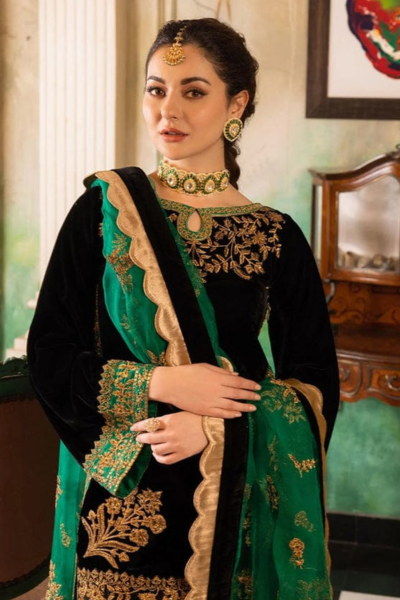 HR-JZ953 3 Piece Embroidered Velevt Shirt And Trouser With Embroidered Organza Dupatta