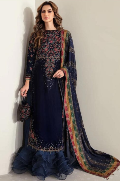 HR-JZ990 3 Pcs Embroidered Velvet Shirt And Chiffon Dupatta With Silk Trouser