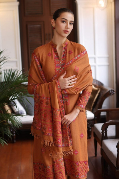 HR-BR665 3 Piece Embroidered Dhanak Shirt With Embroidered Dhanak Shawl
