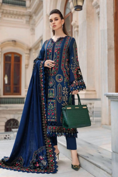 HR-MB965 3 Piece Embroidered Dhanak Shirt With Embroidered Dhanak Shawl
