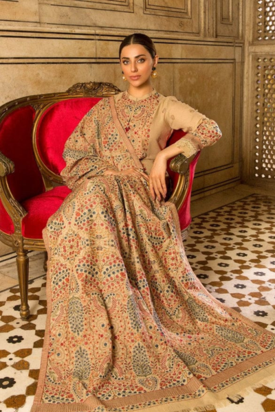 HR-BR870 3 Piece Embroidered Dhannak With Embroidered Shawl