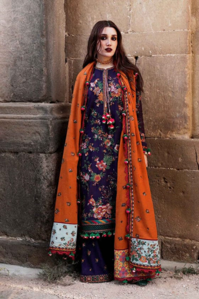 HR-AJ680 3 Piece Embroided Dhanak Shirt With Embroided Dhanak Shawl