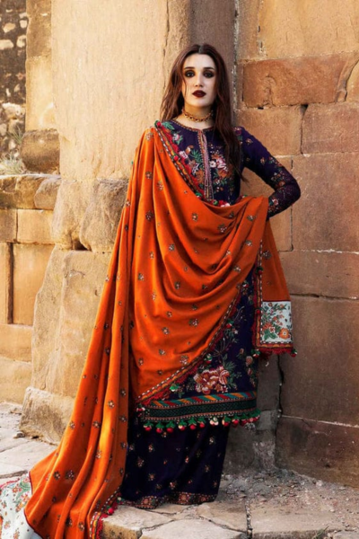 HR-AJ680 3 Piece Embroided Dhanak Shirt With Embroided Dhanak Shawl