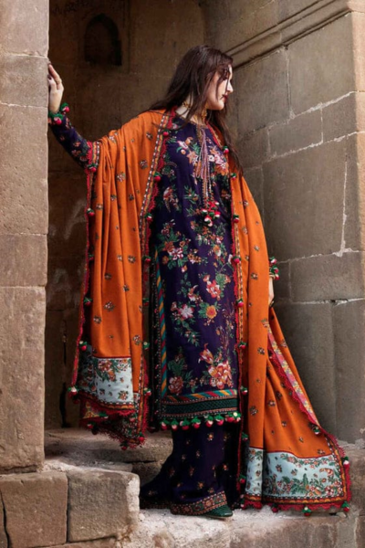 HR-AJ680 3 Piece Embroided Dhanak Shirt With Embroided Dhanak Shawl