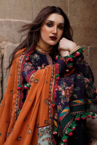 HR-AJ680 3 Piece Embroided Dhanak Shirt With Embroided Dhanak Shawl