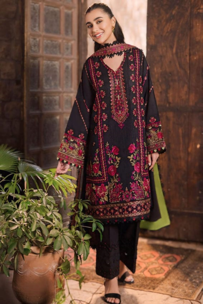 HR-ZH960 3 Piece Embroidered Dhanak Shirt With Embroidered Dhanak Shawl