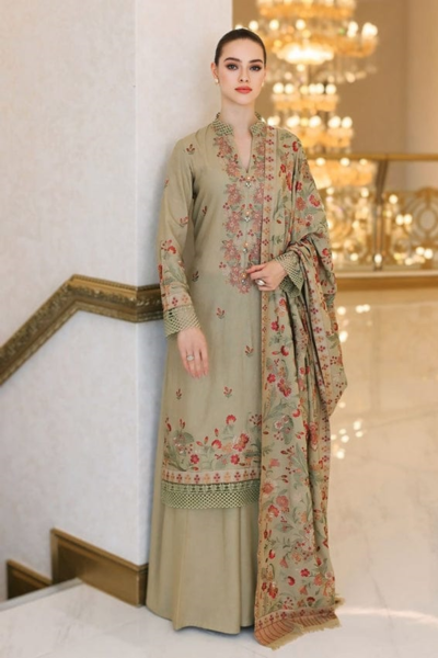 HR-BR955 3 Piece Embroidered Dhanak Front With Embroidered Dhanak Shawl