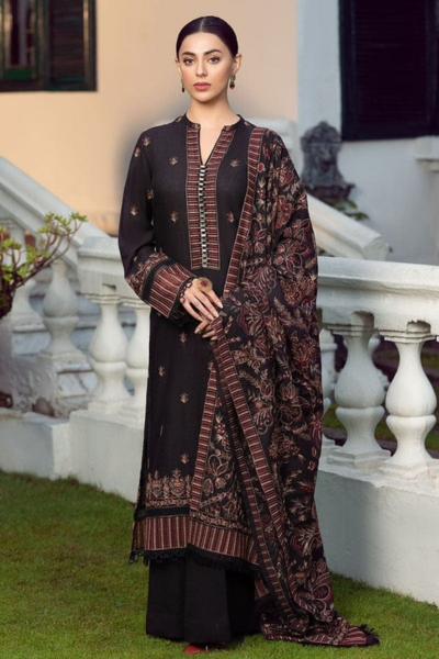 HR-BR1020 3 Piece Embroidered Dhanak Shirt With Embroidered Dhanak Shawl
