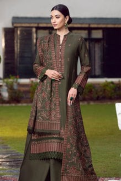 HR-BR925 3 Piece Embroided Dhanak Shirt With Embroided Dhanak Shawl