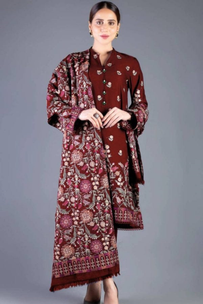 HR-BR655 3 Piece Embroidered Dhanak Shirt With Embroidered Dhanak Shawl