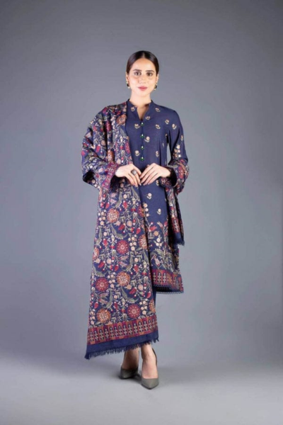 HR-BR655B 3 Piece Embroidered Dhanak Shirt With Embroidered Dhanak Shawl