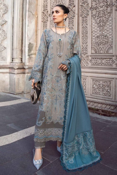 HR-IZ 775 3 Piece Embroidered Dhanak With Embroidered Dhanak Shawl