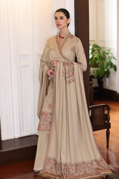 HR-BR660 3 Piece Embroidered Dhanak Shirt With Embroidered Dhanak Shawl