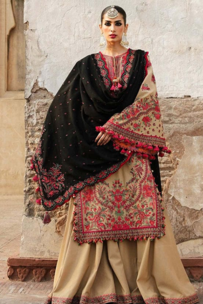 HR-HR690 3 Piece Embroidered Dhannak Shirt With Embroidered Dhannak Shawl