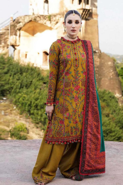 HR-HR675 3 Piece Embroidered Dhanak Shirt With Wool Shawl