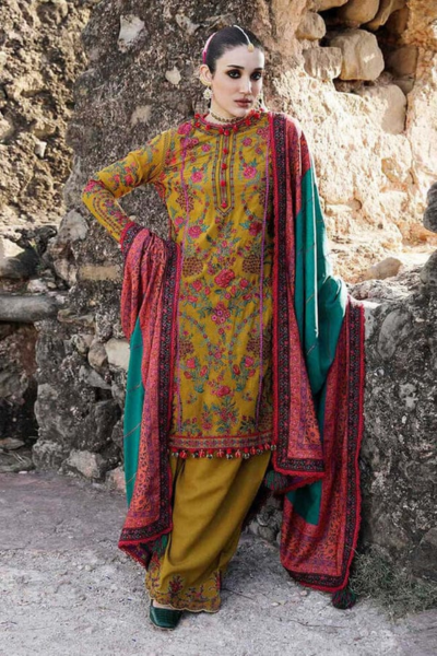 HR-HR675 3 Piece Embroidered Dhanak Shirt With Wool Shawl