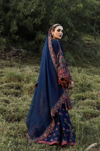 HR-RS695 3 Piece Embroided Dhanak Shirt With Embroided Dhanak Shawl