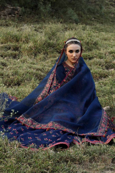 HR-RS695 3 Piece Embroided Dhanak Shirt With Embroided Dhanak Shawl