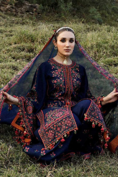 HR-RS695 3 Piece Embroided Dhanak Shirt With Embroided Dhanak Shawl