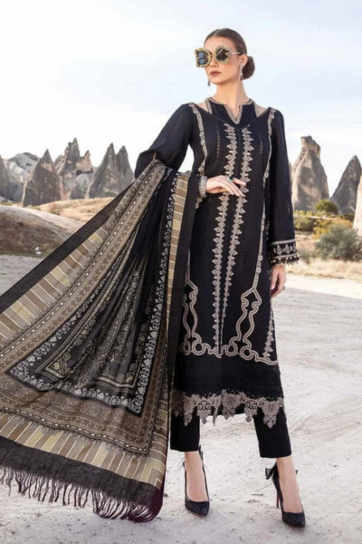HR-MB58 3 Piece Embroidered Dhanak Shirt With Printed Wool